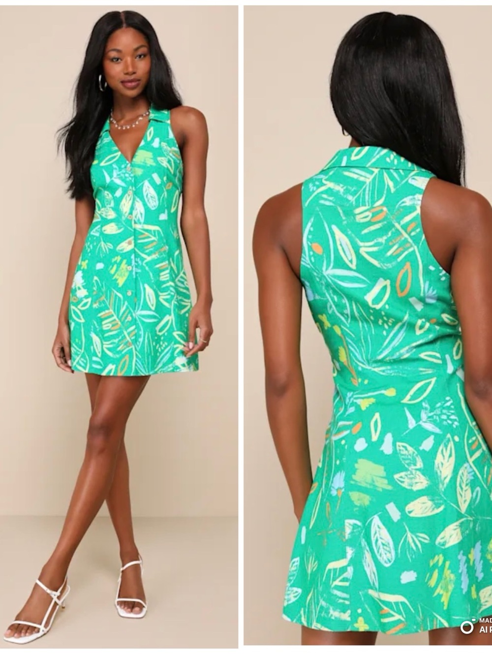Lulus Medium Beloved Sweetie Green Abstract Print Linen Blend Mini Dress NWT